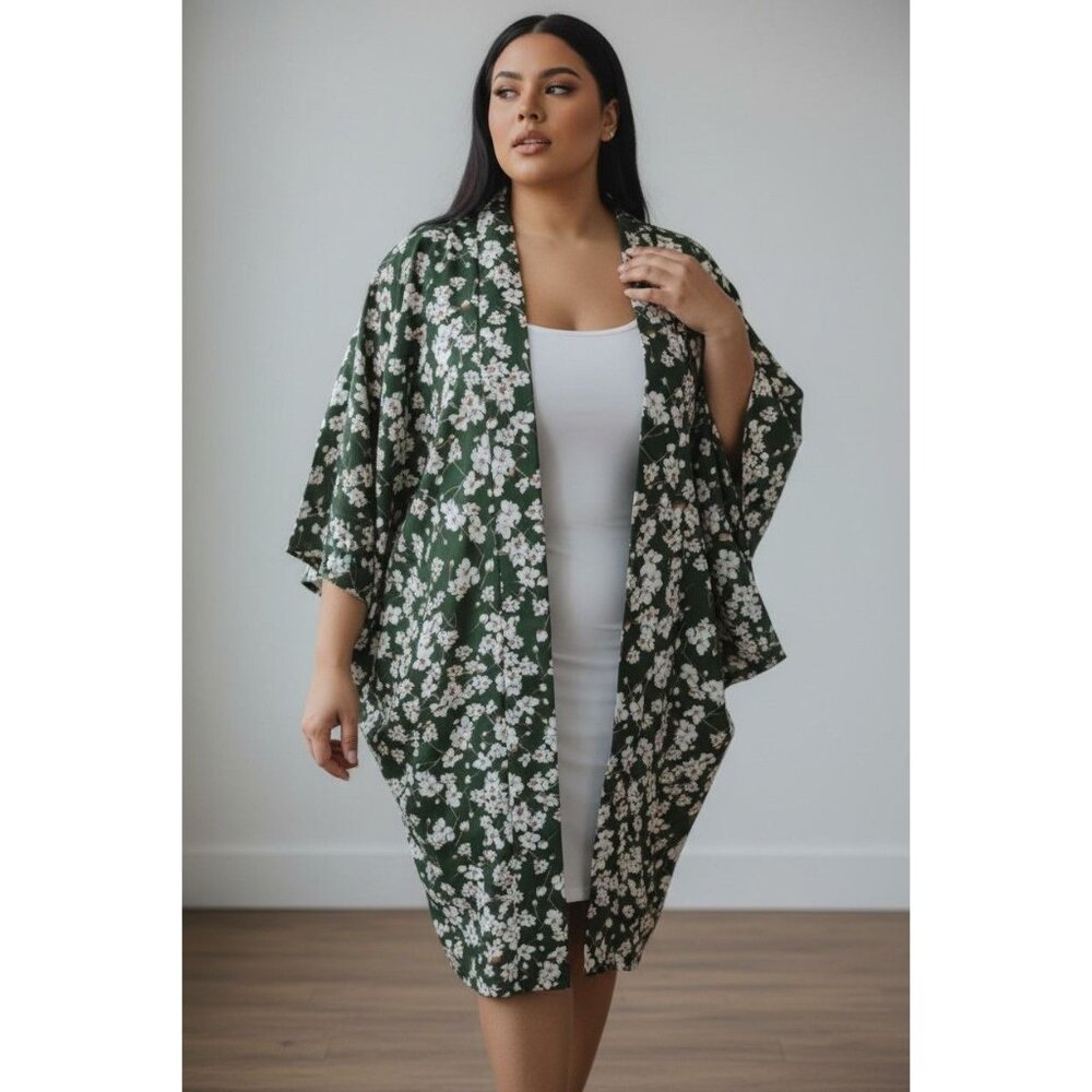 Floral Kimono Cardigan Open Front Green & White Lightweight Drape Jacket Womens